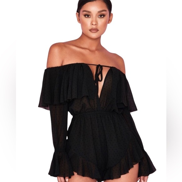 House of CB - Black 'Ramona' Playsuit, Size Small, Black Semi Sheer Swiss Dot - Picture 2 of 7